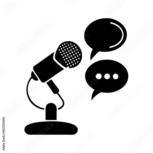 Illustration of a microphone with speech bubbles, representing podcasting, conversation, and communication
