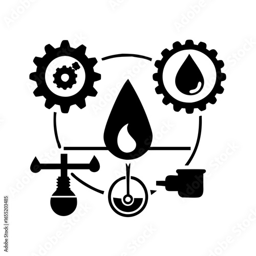 Vector art of industrial energy process with gears, fuel drop, and control elements