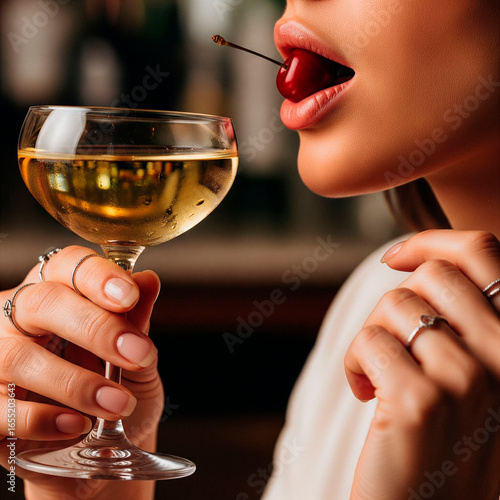 A Woman Enjoying a White Vermouth with a Cherry

