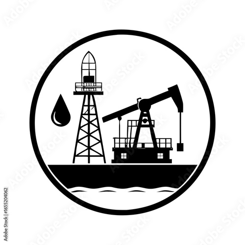 Vector art of circular icon of oil pump jack and drilling rig with oil drop icon