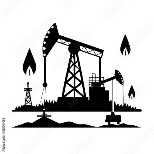 Vector art of silhouette of oil pump jacks and drilling rig with flames icon