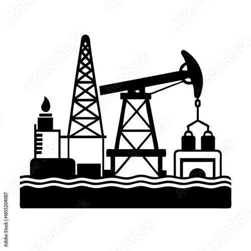 Vector art of silhouette of oil pump jacks and drilling rig with flames icon
