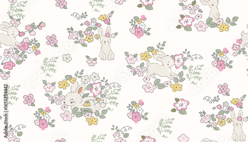 Floral bunny  and flower pattern and multi color flower motifs leaf and cream background for textile print, background, chamomile, wallpaper, mug, bags etc.