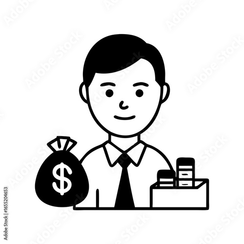 Vector art of business man with a money bag and stacks of coins, signifying financial accumulation and investment success