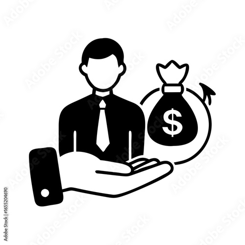 Vector art of business man offering a money bag with a dollar sign, symbolizing financial assistance and investment opportunities