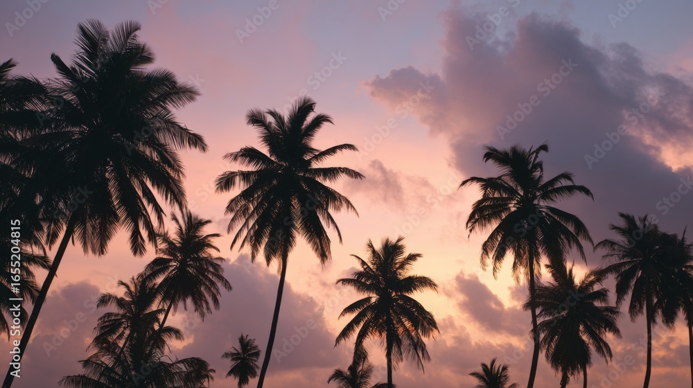 Palms stand tall against a vibrant sunset sky filled with hues of orange, pink, and purple. The scene captures the tranquility of early evening in a tropical setting, offering serene beauty. Palms stand tall against a vibrant sunset sky filled with hues of orange, pink, and purple. The scene captures the tranquility of early evening in a tropical setting, offering serene beauty.