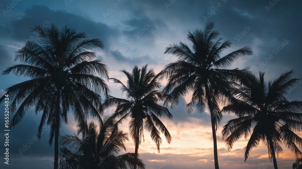 At dusk, tall palm trees create a striking silhouette against a vibrant sky filled with clouds, showcasing shades of orange and purple near the ocean. The scene exudes tranquility and beauty. At dusk, tall palm trees create a striking silhouette against a vibrant sky filled with clouds, showcasing shades of orange and purple near the ocean. The scene exudes tranquility and beauty.