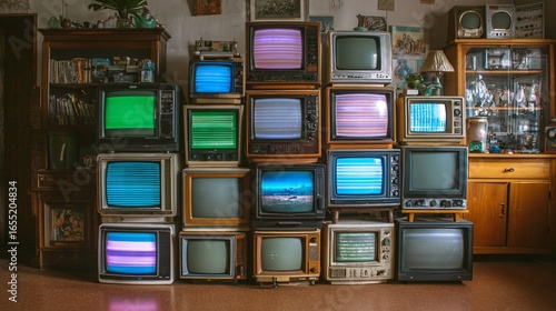 Vintage CRT Television Stack on Old Techno TV Tube - 90s Retro TV Display