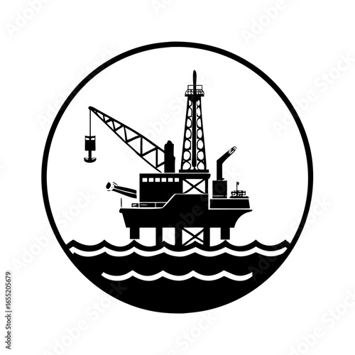 Vector art of black silhouette of an offshore oil rig with a crane in a circle  icon