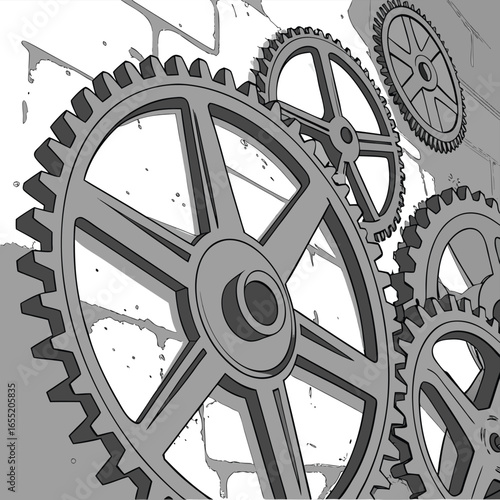 Interlocking Gray Gears Against Textured Brick Wall Background cogs machinery