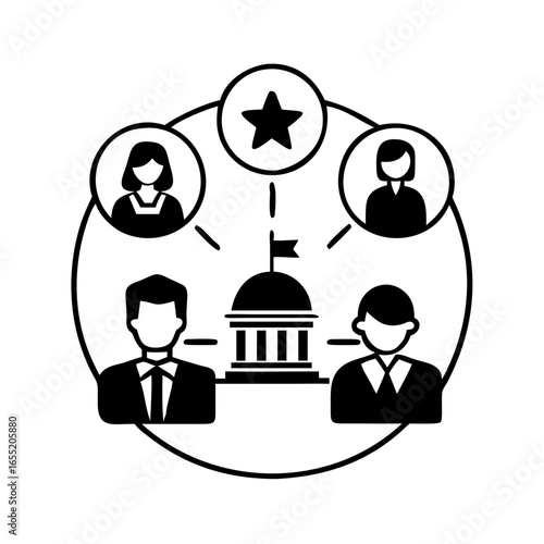 Vector art of government and citizens connected to a central building with a star above, representing leadership and public service
