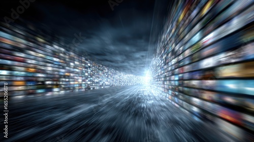 A futuristic view captures a tunnel of vibrant screens displaying various content, with a bright light source at the end. The atmosphere suggests digital innovation and connectivity.