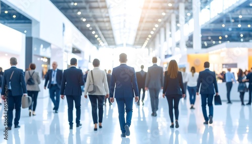 A large group of business professionals walk through a spacious exhibition hall, showcasing a bustling atmosphere.