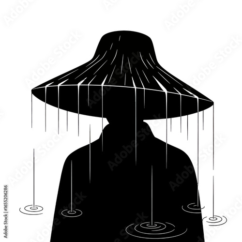 Silhouette of Person in Rain with Wide-brimmed Hat