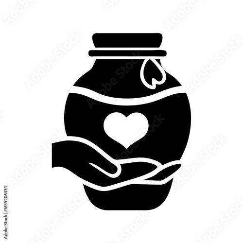 Vector art of cremation urn with a heart symbol held by a caring hand icon