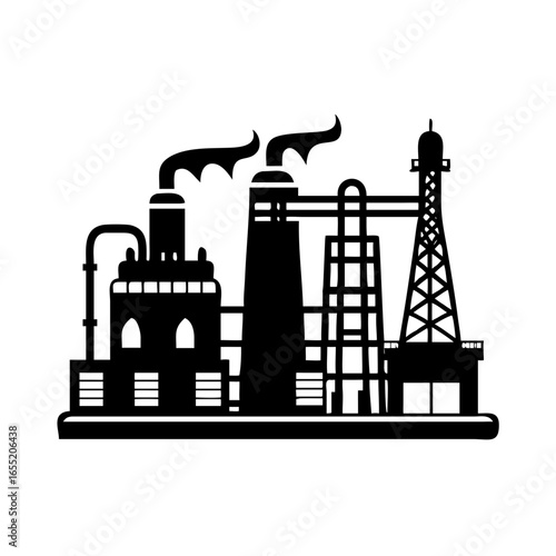 Vector art of oil refinery plant with smoke and industrial structures, representing energy production and industry