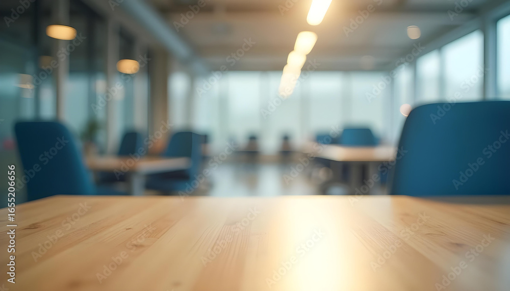 Obraz premium Close-up of a light maple wooden desk surface with a blurred open-plan office interior background on a rainy day, modern workplace with white computers and ergonomic blue chairs, empty space