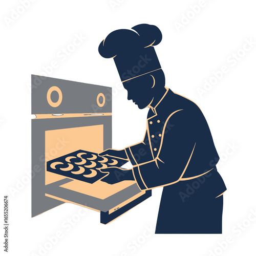Chef Placing Cookies in Oven Silhouette
