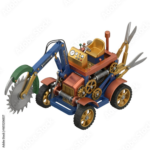 Steampunk Tractor with Saw and Scissors Attachments