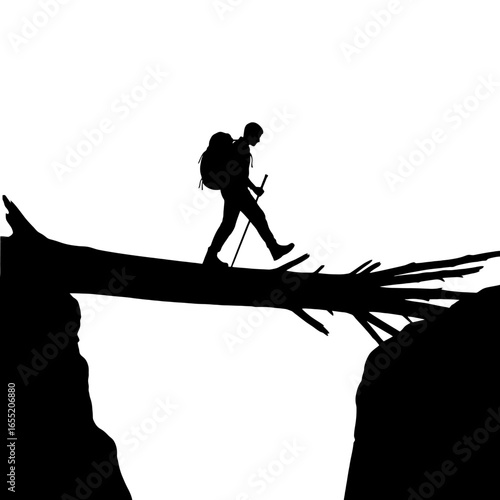 Hikers Walking Across Fallen Log Bridge