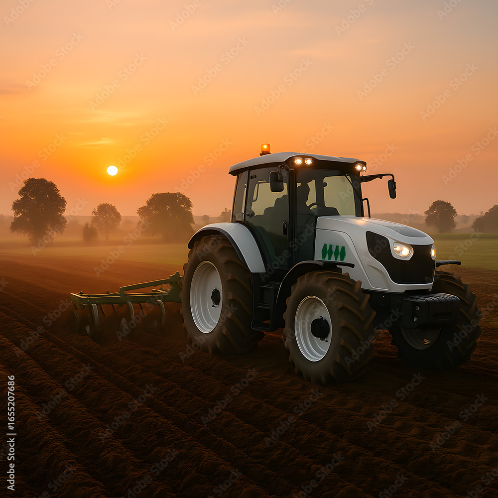 Fototapeta premium Tractor Plowing at Sunrise