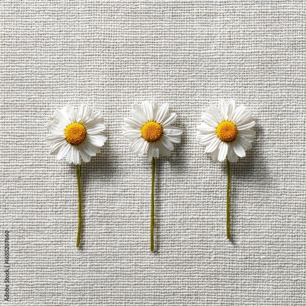 Obraz premium Three daisies on a light beige linen