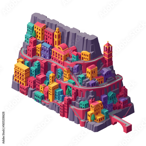 Colorful Isometric Cityscape on a Cliffside
