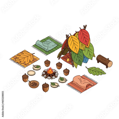 Autumn Campsite with Colorful Leaves and Cozy Furnishings