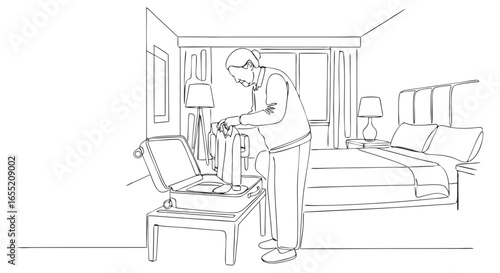 Woman packing suitcase in hotel bedroom, preparing for adventure or returning home, linear illustration for web, poster