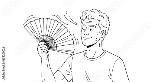 Sweaty man fanning self to cool down. Summer heat and hot weather relief concept. Monochrome vector illustration icon