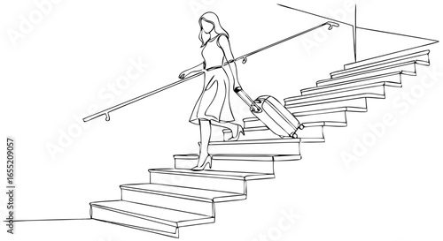 Woman going down stairs with luggage in one continuous line art style. Moving and travel concept. Vector illustration for greeting card, banner, poster