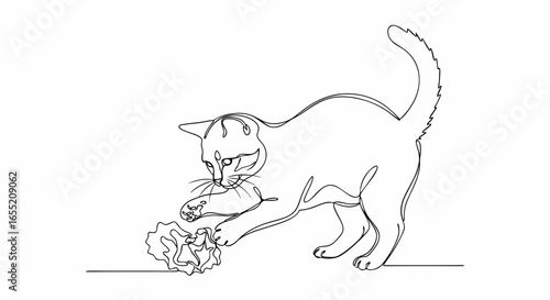 Cute kitten cat playing with crumpled paper in one continuous line art drawing style. Minimalist stroke line vector illustration