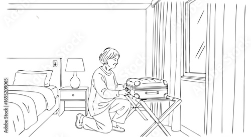A woman kneeling to open her luggage on a stand in a hotel room with a bed and window, line art vector illustration