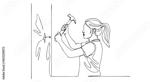 Woman using a hammer to drive a nail into a wall. Concept of home improvement, DIY, and strength. Continuous one line art drawing style vector illustration.
