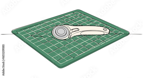 Rotary cutter for sewing and quilting on a green cutting mat. Craft tool for fabric and paper cutting. Hand drawn aesthetic simple outline style. Vector illustration for crafting blog and school