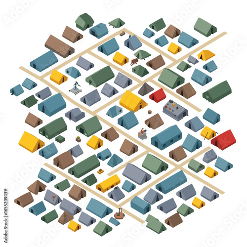 Colorful Isometric Camping Tent Layout Design