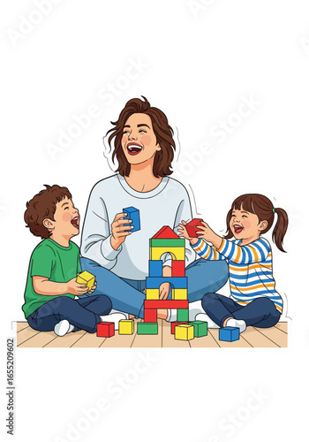 Happy family with two kids playing with toys and smiling together