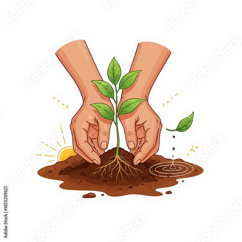 Vector illustration of a hand holding a green plant sprout emerging from the soil, symbolizing new life, growth, and environmental protection