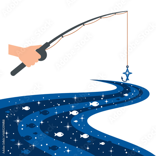 Fishing Rod with Hook and Fish in a River