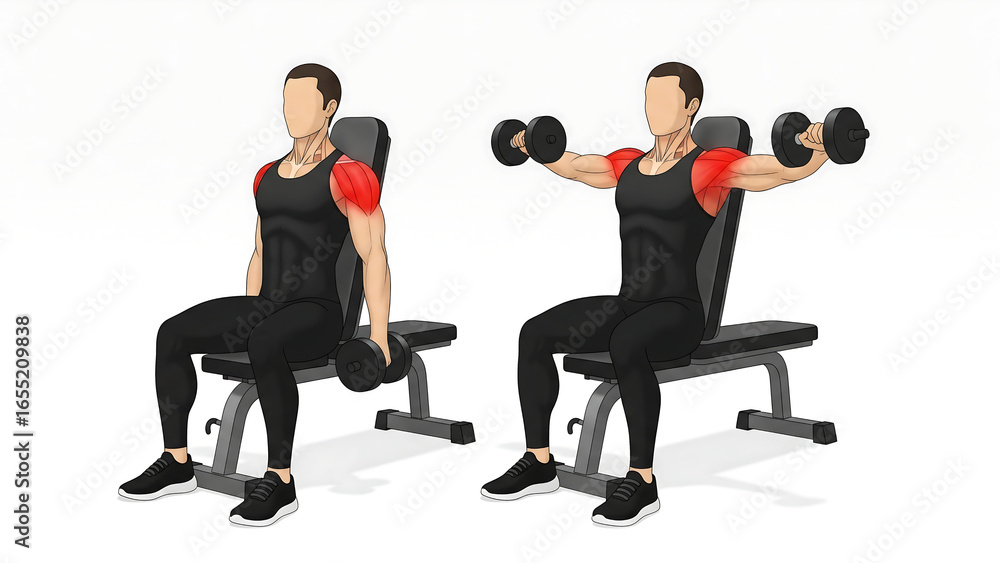 A man performing a Seated Dumbbell Lateral Raise. A workout illustration showing the start and finish positions with the deltoid muscle highlighted in red.
A man performing a Seated Dumbbell Lateral Raise. A workout illustration showing the start and finish positions with the deltoid muscle highlighted in red.