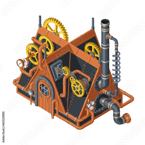 Steampunk House with Intricate Gears and Pipes