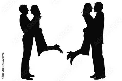 Two Pairs of Silhouetted Lovers Embracing in Celebration, Filled with Joy and Affectionate Romance Displayed in a Joyful Scene