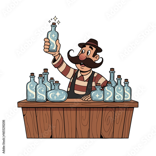 Cartoon Man Selling Magic Bottles with Stars