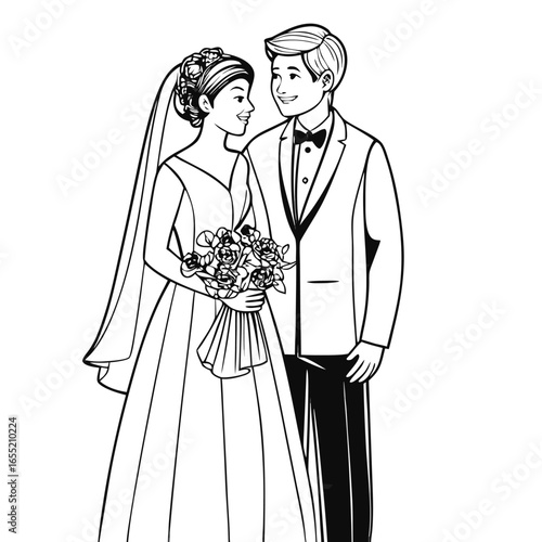 Elegant Wedding Illustration of a Bride and Groom Sharing a Loving Gaze While Holding a Bouquet of Flowers
