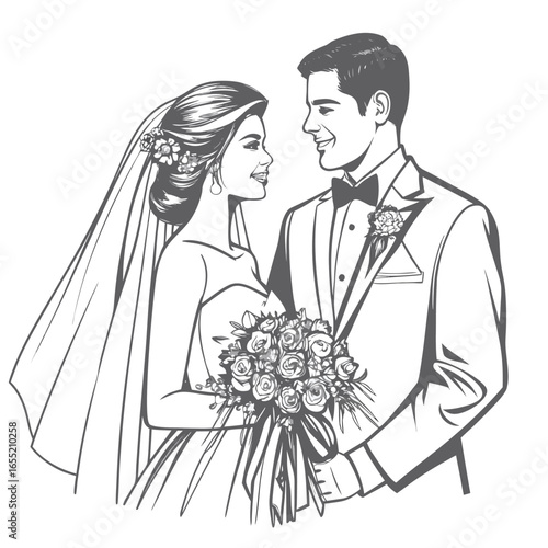 Elegant Wedding Illustration of a Bride and Groom Sharing a Loving Gaze While Holding a Bouquet of Flowers
