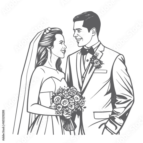 Elegant Wedding Illustration of a Bride and Groom Sharing a Loving Gaze While Holding a Bouquet of Flowers