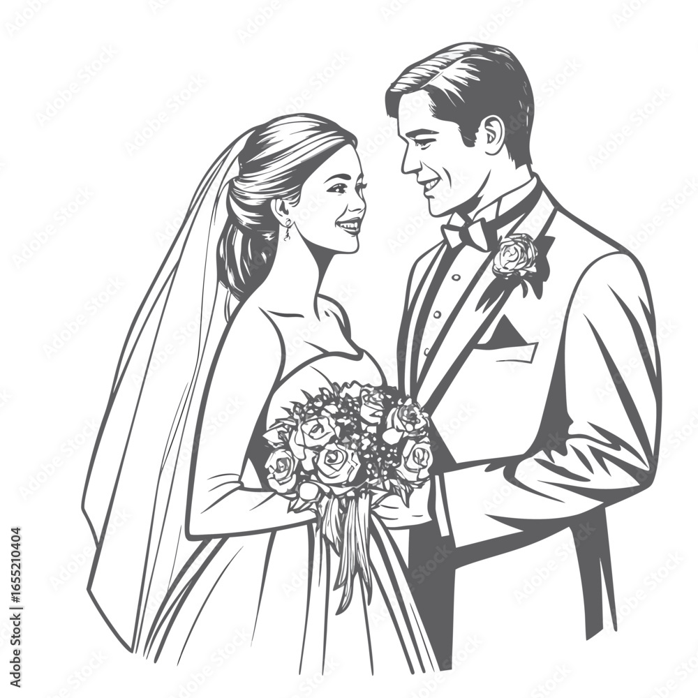 Fototapeta premium Elegant Wedding Illustration of a Bride and Groom Sharing a Loving Gaze While Holding a Bouquet of Flowers