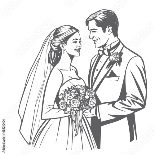 Elegant Wedding Illustration of a Bride and Groom Sharing a Loving Gaze While Holding a Bouquet of Flowers