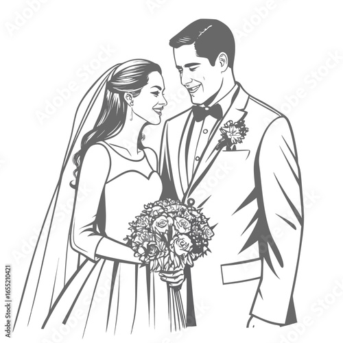 Elegant Wedding Illustration of a Bride and Groom Sharing a Loving Gaze While Holding a Bouquet of Flowers