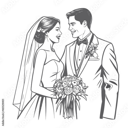 Elegant Wedding Illustration of a Bride and Groom Sharing a Loving Gaze While Holding a Bouquet of Flowers